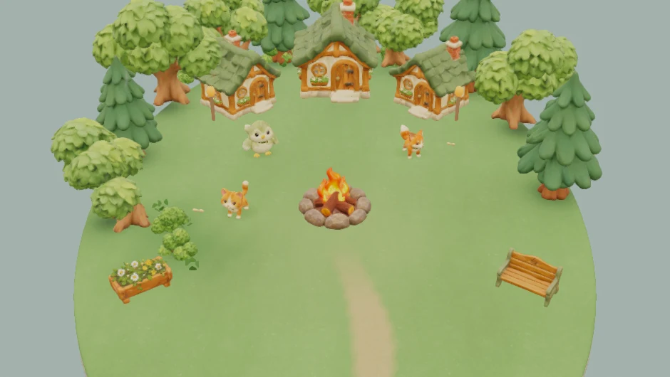 Waldlichtung mit Häusern und Lagerfeuer