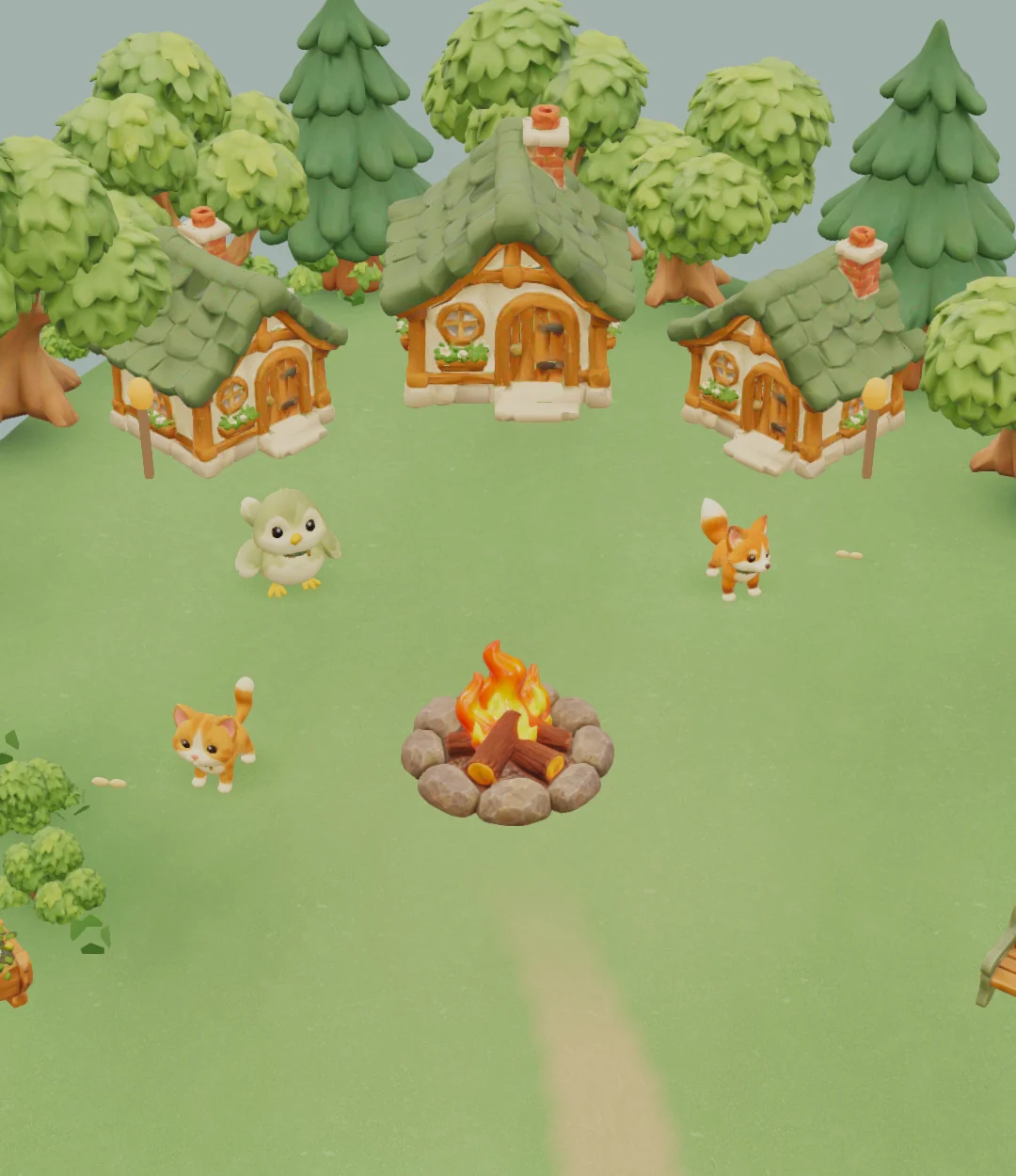 Waldlichtung mit Häusern, Tieren und Lagerfeuer